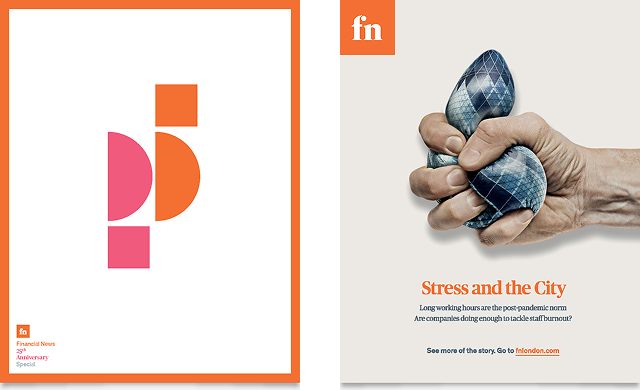 financial news 25 year anniversary cover and ‘stress’ advert